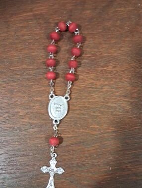 Red Bead Rosary Bracelet with Silvertone Cross FIRM